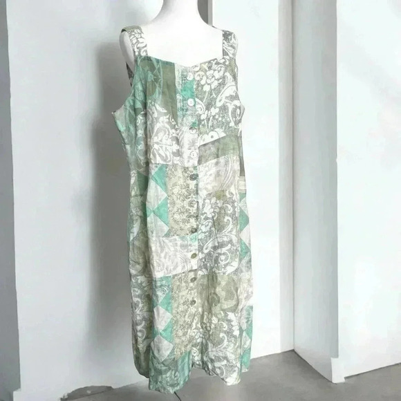 Sage  green linen printed summer dress boho chic XL - Picture 1 of 9